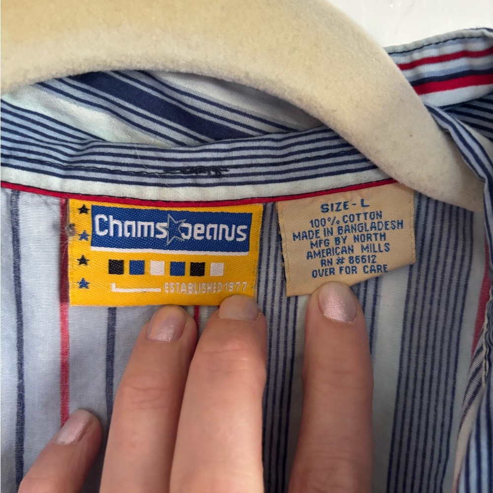 🇺🇸 Vintage Chams Jeans Striped Button-Up Shirt – Size L (100% Cotton) | A9